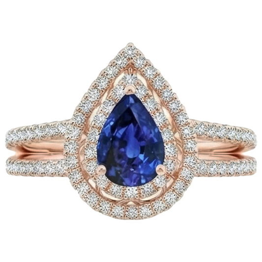 Natural Earth Mined Diamond Engagement Ring Double Halo Pear Blue Sapphire 5.75 Carats