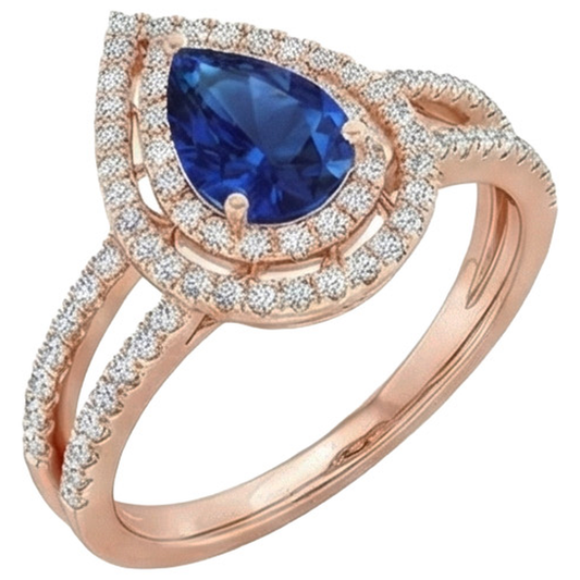 Natural Earth Mined Diamond Engagement Ring Double Halo Pear Blue Sapphire 5.75 Carats