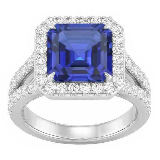 Natural Earth Mined Diamond Engagement Ring Halo Asscher Sapphire Gold Split Shank 4 Carat