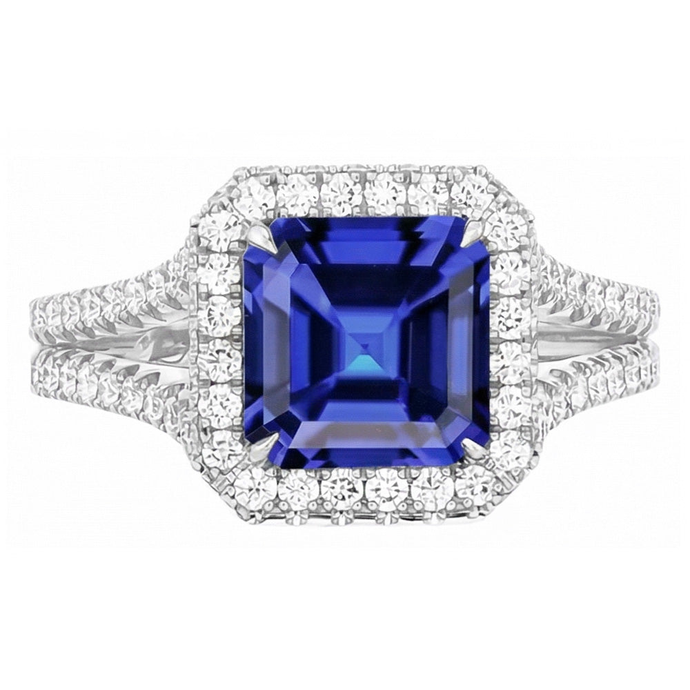 Natural Earth Mined Diamond Engagement Ring Halo Asscher Sapphire Gold Split Shank 4 Carat
