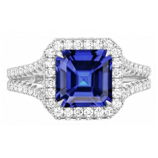 Natural Earth Mined Diamond Engagement Ring Halo Asscher Sapphire Gold Split Shank 4 Carat