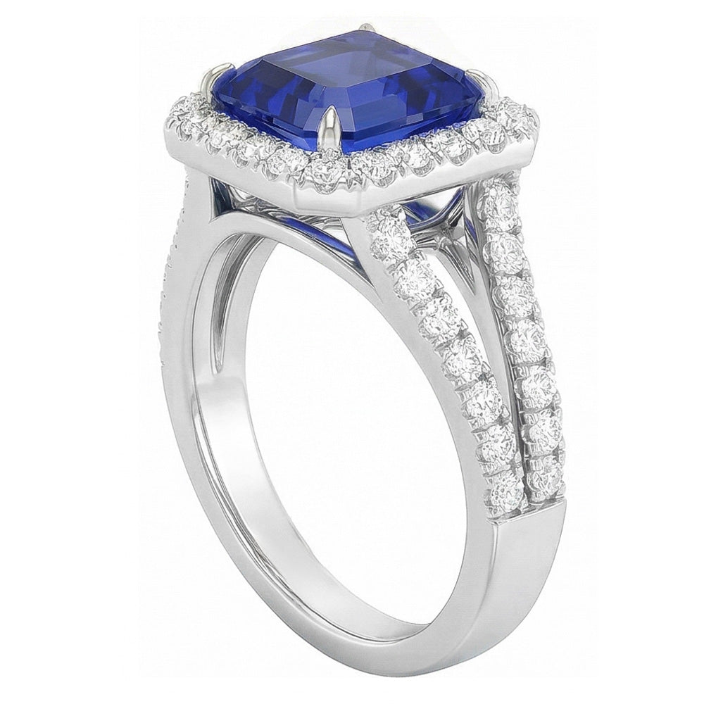 Natural Earth Mined Diamond Engagement Ring Halo Asscher Sapphire Gold Split Shank 4 Carat