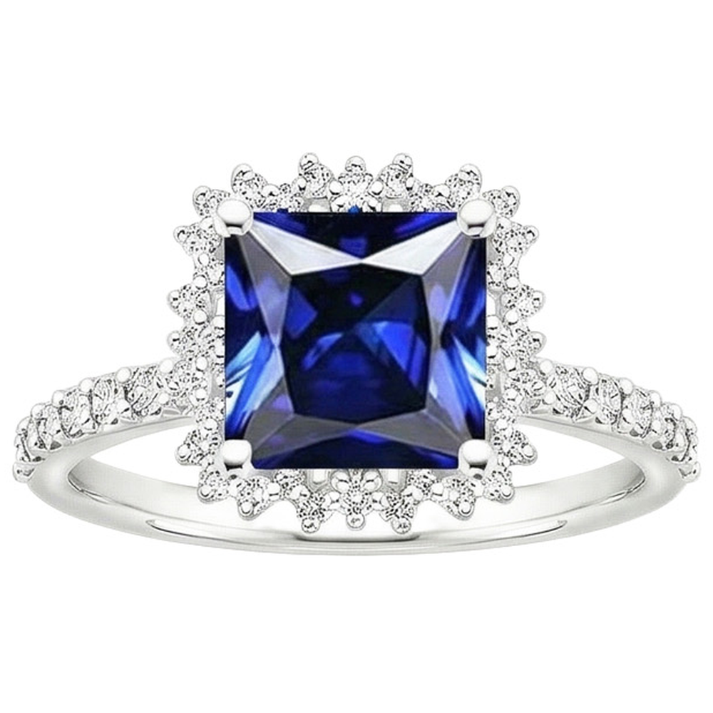 Natural Earth Mined Diamond Engagement Ring Halo Ceylon Sapphire Sunburst Style 6.25 Carat