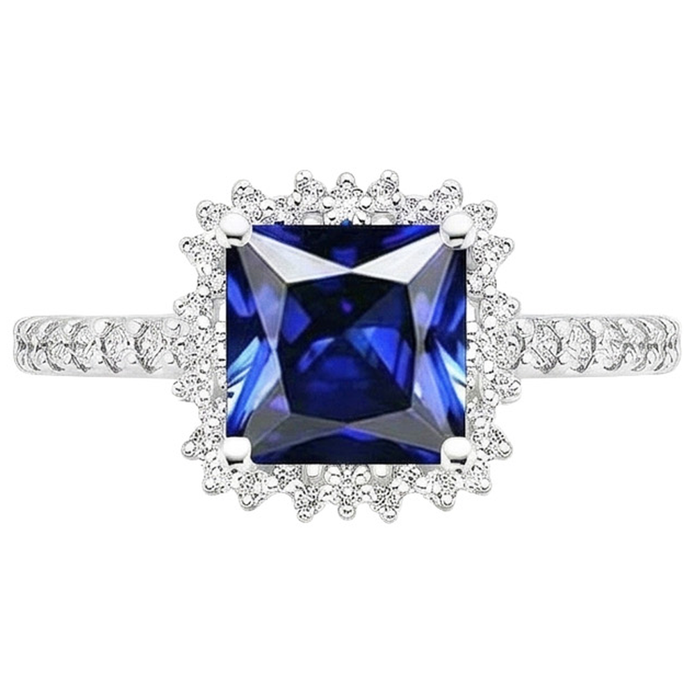 Natural Earth Mined Diamond Engagement Ring Halo Ceylon Sapphire Sunburst Style 6.25 Carat