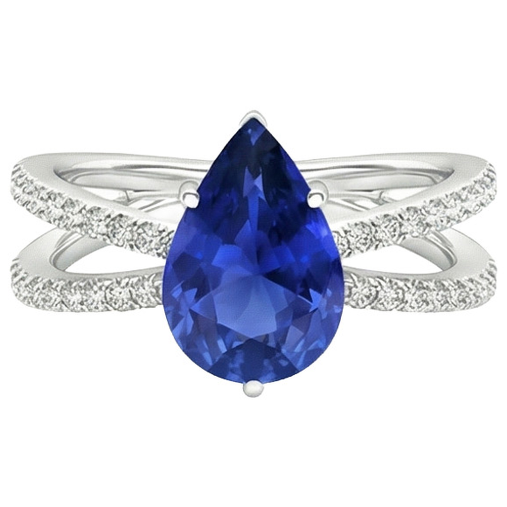 Natural Earth Mined Diamond Engagement Ring Pear Blue Sapphire 5 Carats Split Shank
