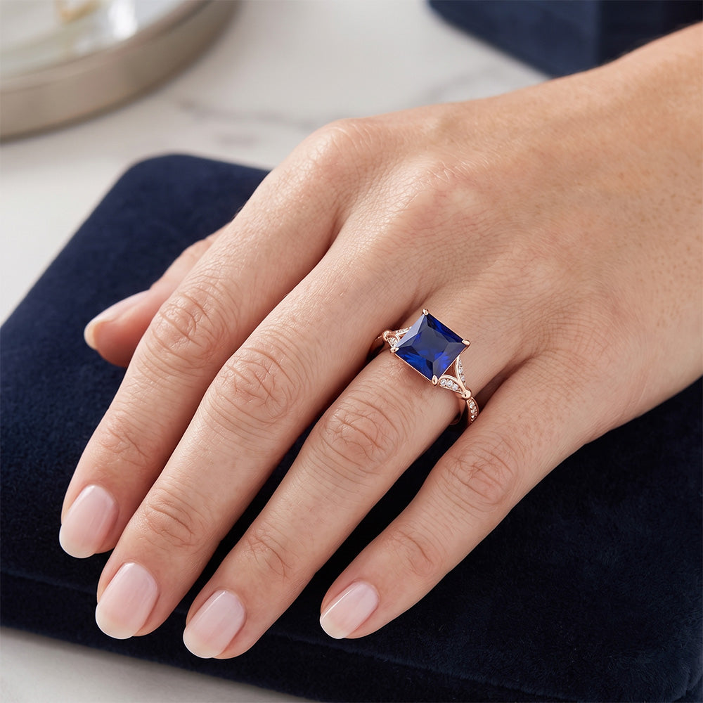 Natural Earth Mined Diamond Engagement Ring Prong Set Princess Blue Sapphire 3.75 Carats