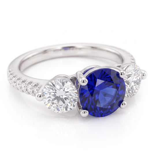 Natural Earth Mined Diamond Engagement Ring Round Ceylon Sapphire 3 Carats Jewellery