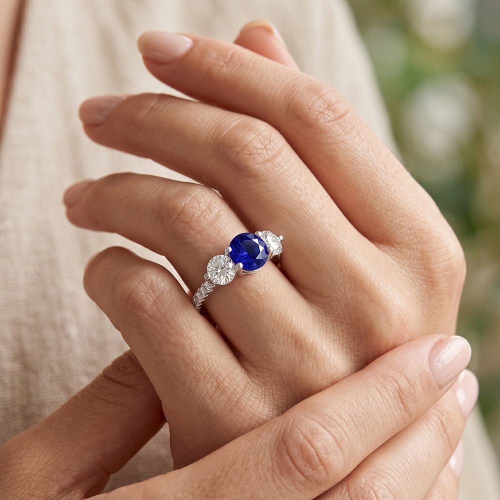 Natural Earth Mined Diamond Engagement Ring Round Ceylon Sapphire 3 Carats Jewellery