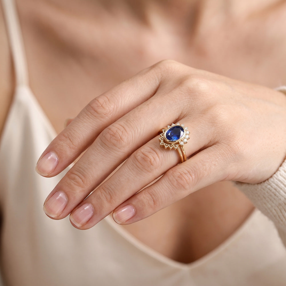 Natural Earth Mined Diamond Engagement Ring Set Bezel Set Blue Sapphire 3 Carats