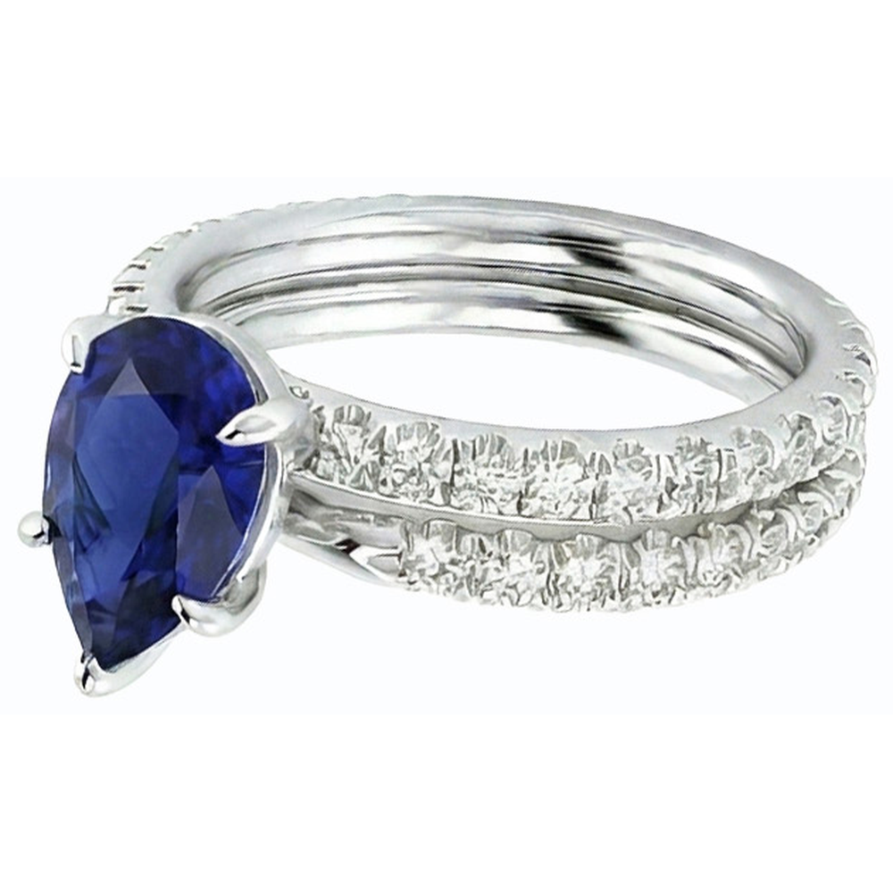 Natural Earth Mined Diamond Engagement Ring Set Pear Sri Lankan Sapphire 3.50 Carats