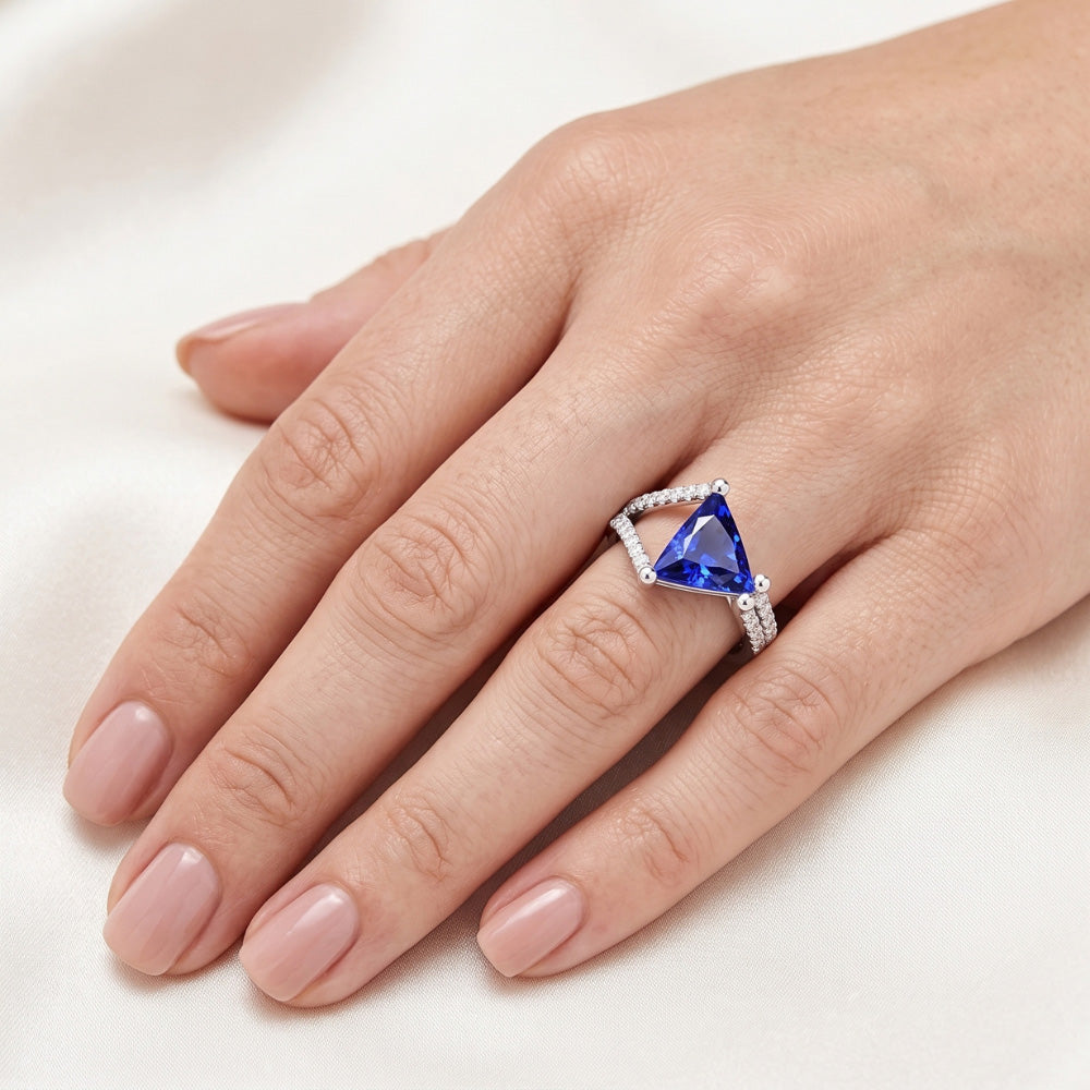 Natural Earth Mined Diamond Engagement Ring Trillion Sapphire Split Shank 3 Carats