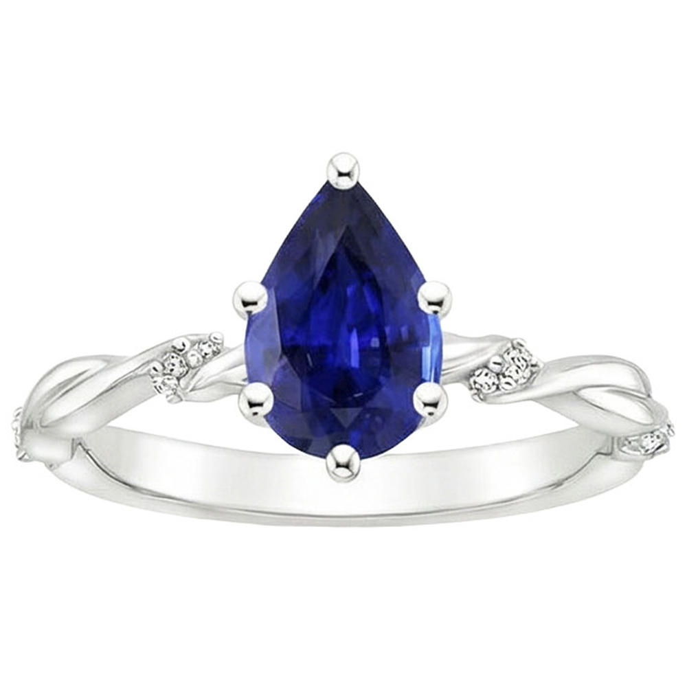 Natural Earth Mined Diamond Engagement Ring Twist Style Pear Blue Sapphire 3 Carats