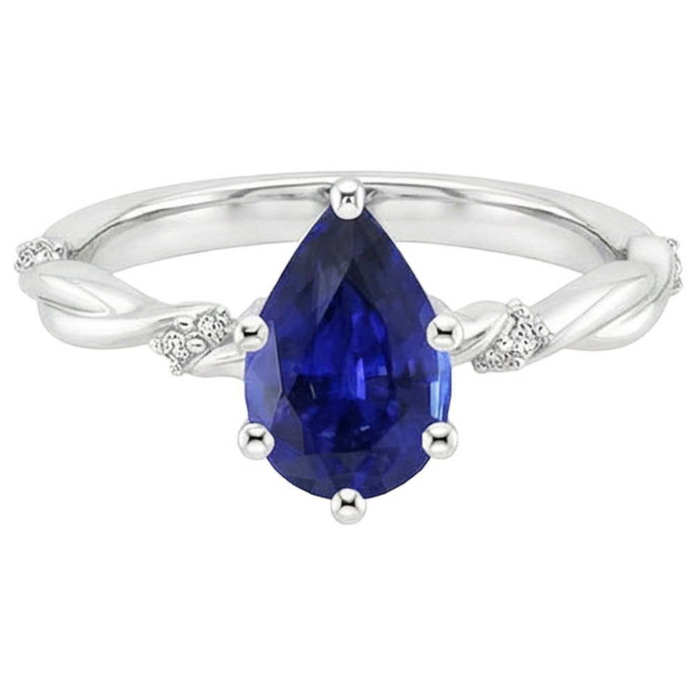 Natural Earth Mined Diamond Engagement Ring Twist Style Pear Blue Sapphire 3 Carats