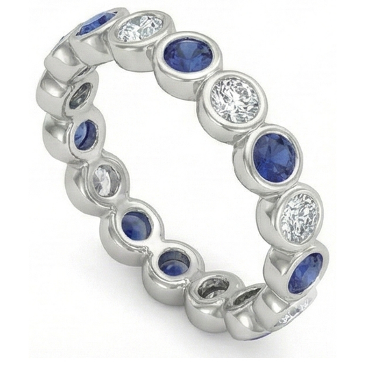 Natural Earth Mined DIAMOND ( NOT LAB GROWN ) Eternity Band 2 Carat Bezel Set Round Blue Sapphire Ladies