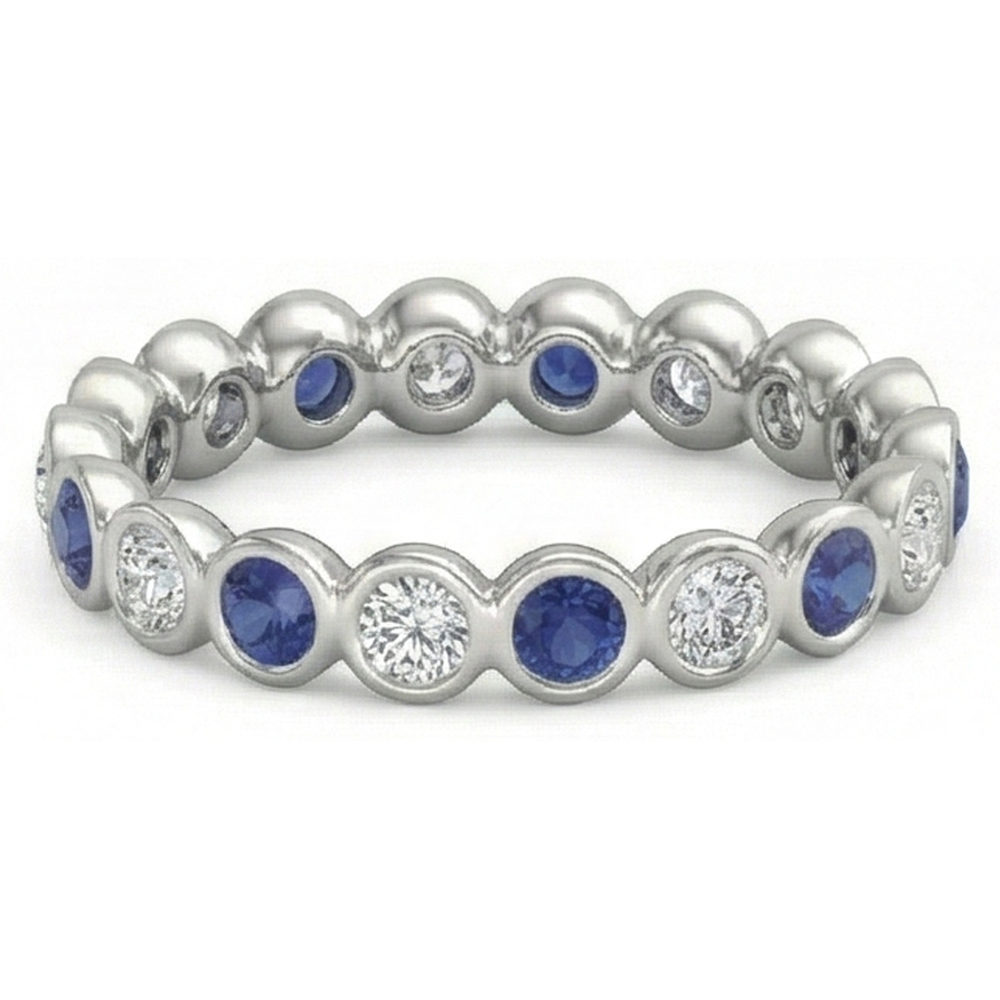 Natural Earth Mined Diamond Eternity Band 2 Carat Bezel Set Round Blue Sapphire Ladies