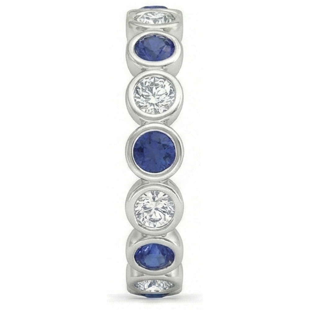 Natural Earth Mined Diamond Eternity Band 2 Carat Bezel Set Round Blue Sapphire Ladies