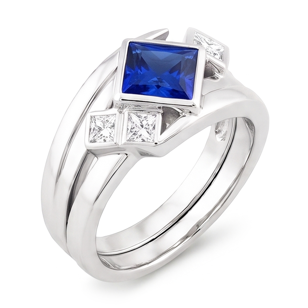 Natural Earth Mined Diamond Fancy Ring 2 Carats Bezel Princess Blue Sapphire