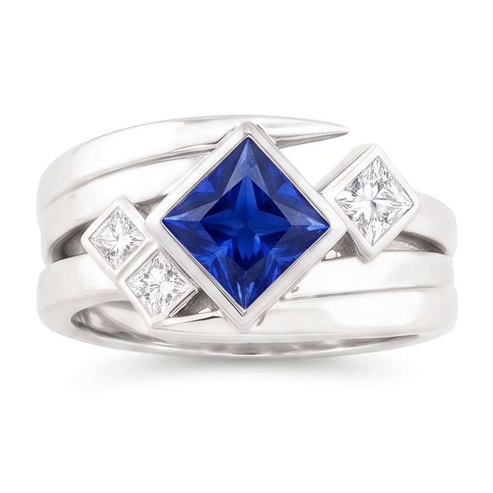 Natural Earth Mined Diamond Fancy Ring 2 Carats Bezel Princess Blue Sapphire