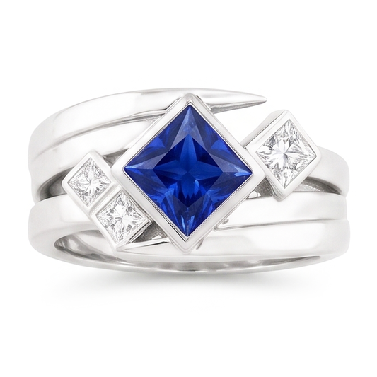 Natural Earth Mined Diamond Fancy Ring 2 Carats Bezel Princess Blue Sapphire