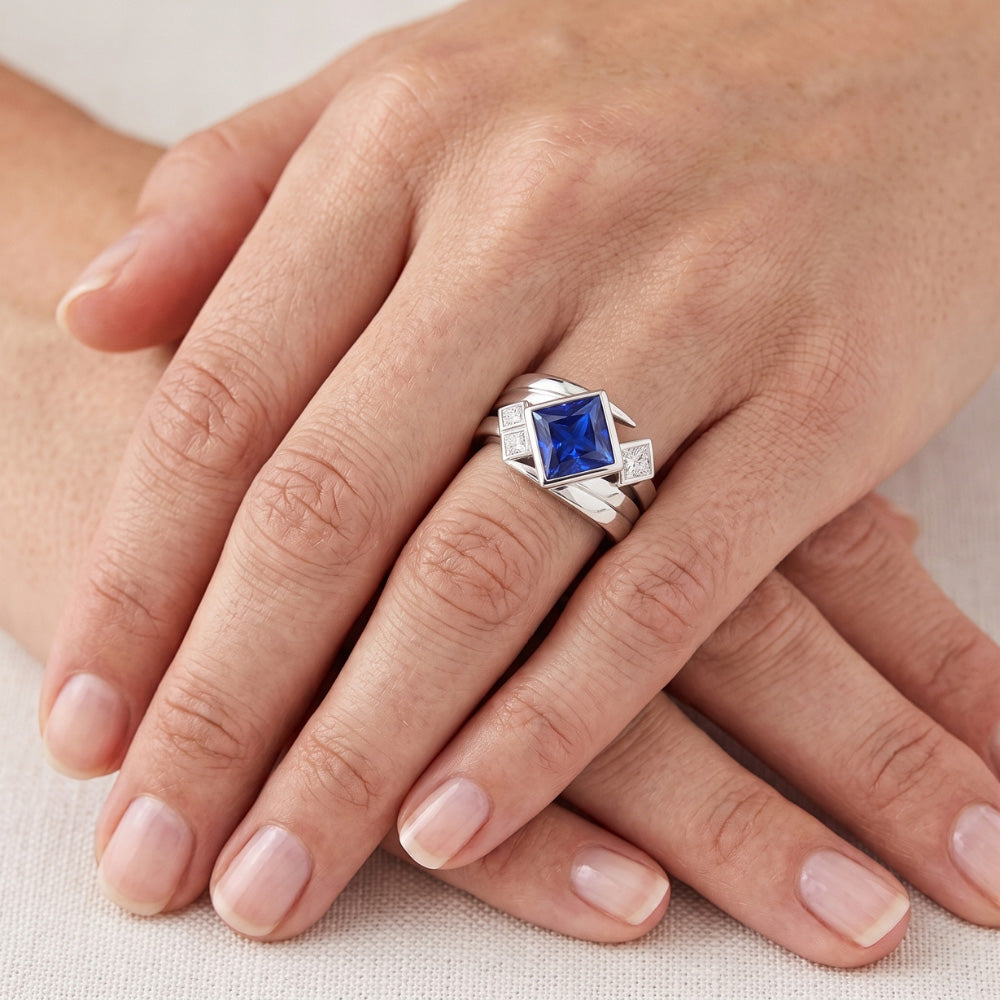 Natural Earth Mined Diamond Fancy Ring 2 Carats Bezel Princess Blue Sapphire