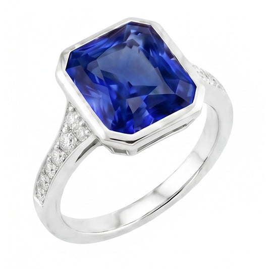 Natural Earth Mined Diamond Gemstone Jewellery Bezel Set Radiant Blue Sapphire Ring 3 Carats