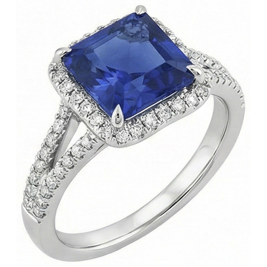 Natural Earth Mined Diamond Gemstone Ring 5 Carats Halo Blue Sapphire Gold Jewellery