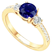 Natural Earth Mined Diamond Gemstone Ring Blue Sapphire 2 Carats 3 Stone Style Yellow Gold