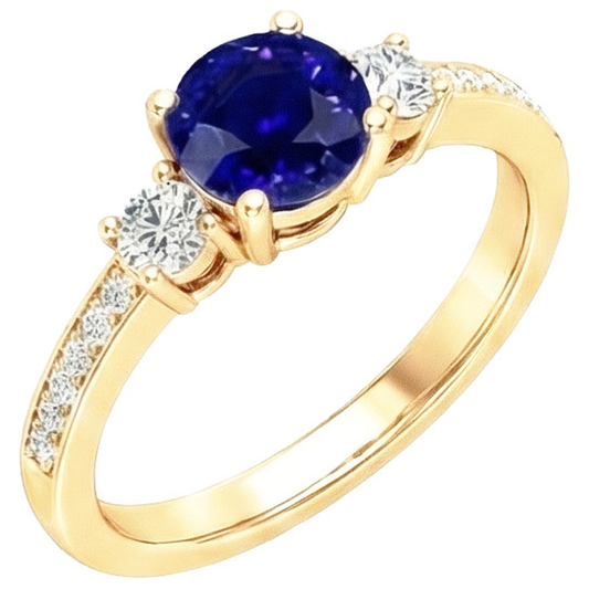 Natural Earth Mined Diamond Gemstone Ring Blue Sapphire 2 Carats 3 Stone Style Yellow Gold