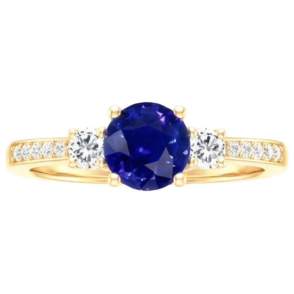 Natural Earth Mined Diamond Gemstone Ring Blue Sapphire 2 Carats 3 Stone Style Yellow Gold