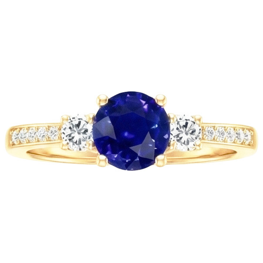 Natural Earth Mined Diamond Gemstone Ring Blue Sapphire 2 Carats 3 Stone Style Yellow Gold