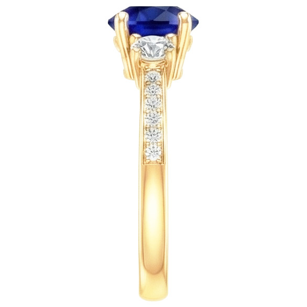 Natural Earth Mined Diamond Gemstone Ring Blue Sapphire 2 Carats 3 Stone Style Yellow Gold
