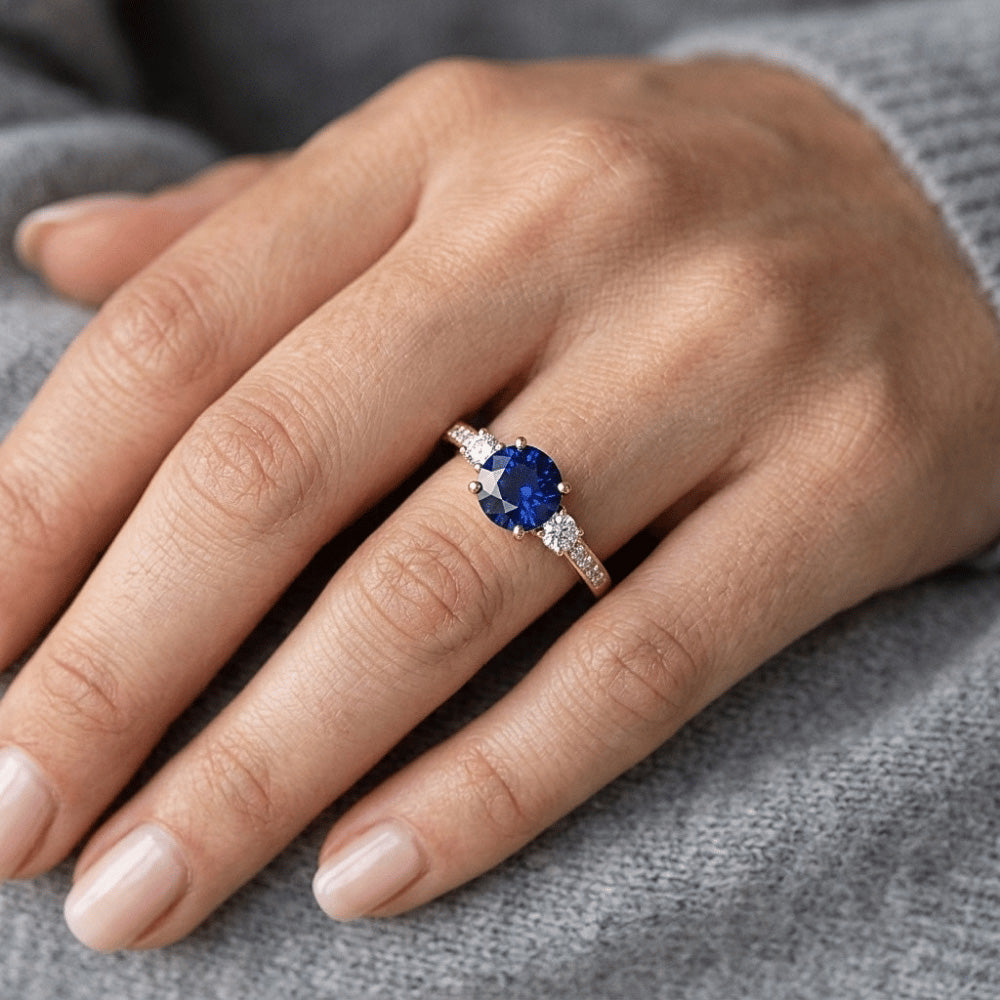 Natural Earth Mined Diamond Gemstone Ring Blue Sapphire 2 Carats 3 Stone Style Yellow Gold