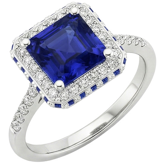 Natural Earth Mined Diamond Gemstone Ring Halo Princess Blue Sapphire Gold 14K 4.50 Carats