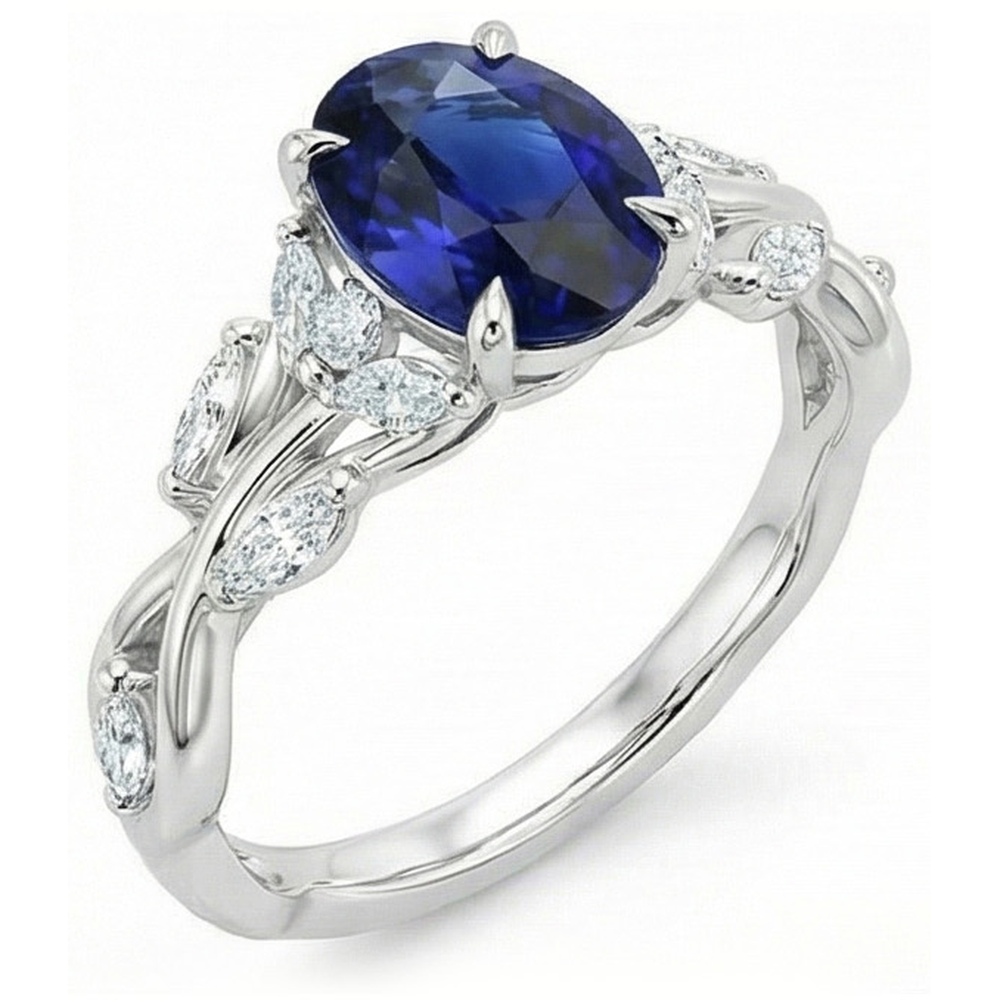 Natural Earth Mined DIAMOND ( NOT LAB GROWN ) Gemstone Ring Leaf Style Oval Cut Blue Sapphire 5 Carats