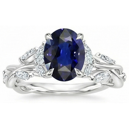 Natural Earth Mined DIAMOND ( NOT LAB GROWN ) Gemstone Ring Leaf Style Oval Cut Blue Sapphire 5 Carats
