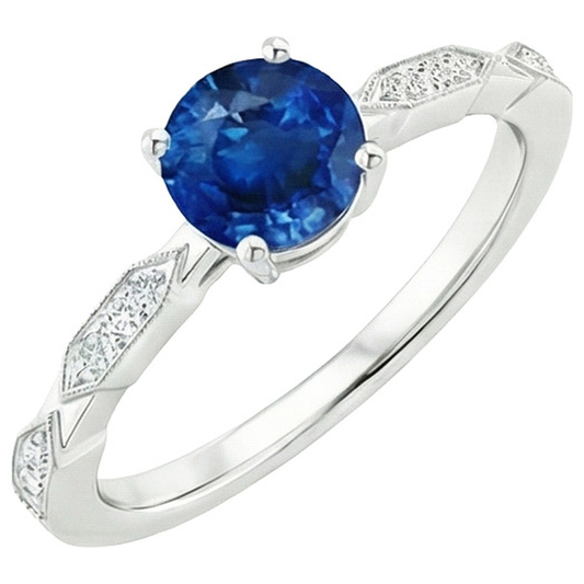 Natural Earth Mined Diamond Gemstone Ring Vintage Style Round Blue Sapphire 2.25 Carats