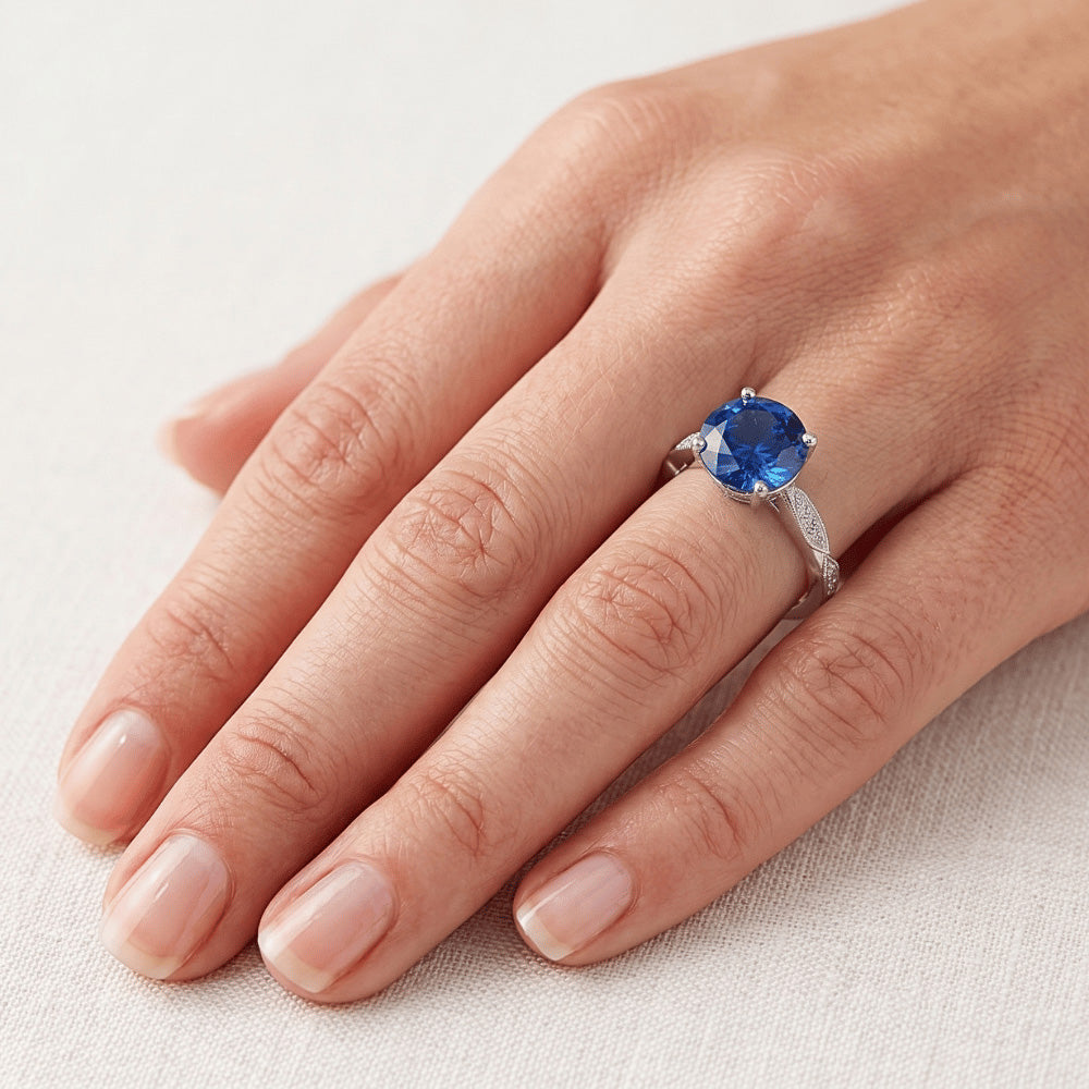 Natural Earth Mined Diamond Gemstone Ring Vintage Style Round Blue Sapphire 2.25 Carats