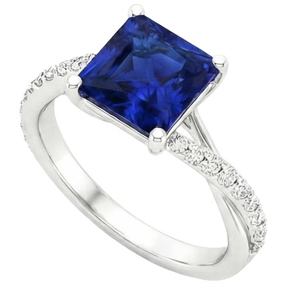 Natural Earth Mined Diamond Gold Jewellery Princess Blue Sapphire Ring With Accents 6 Carats