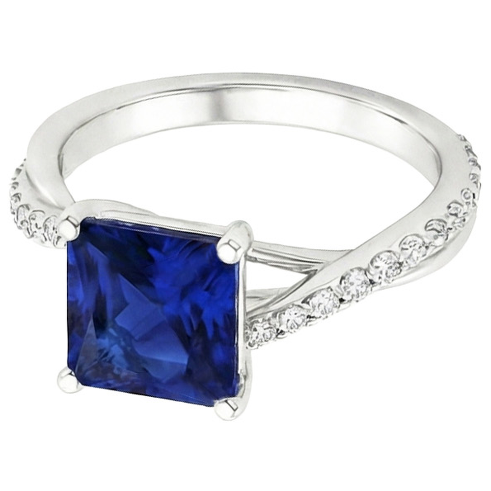 Natural Earth Mined Diamond Gold Jewellery Princess Blue Sapphire Ring With Accents 6 Carats