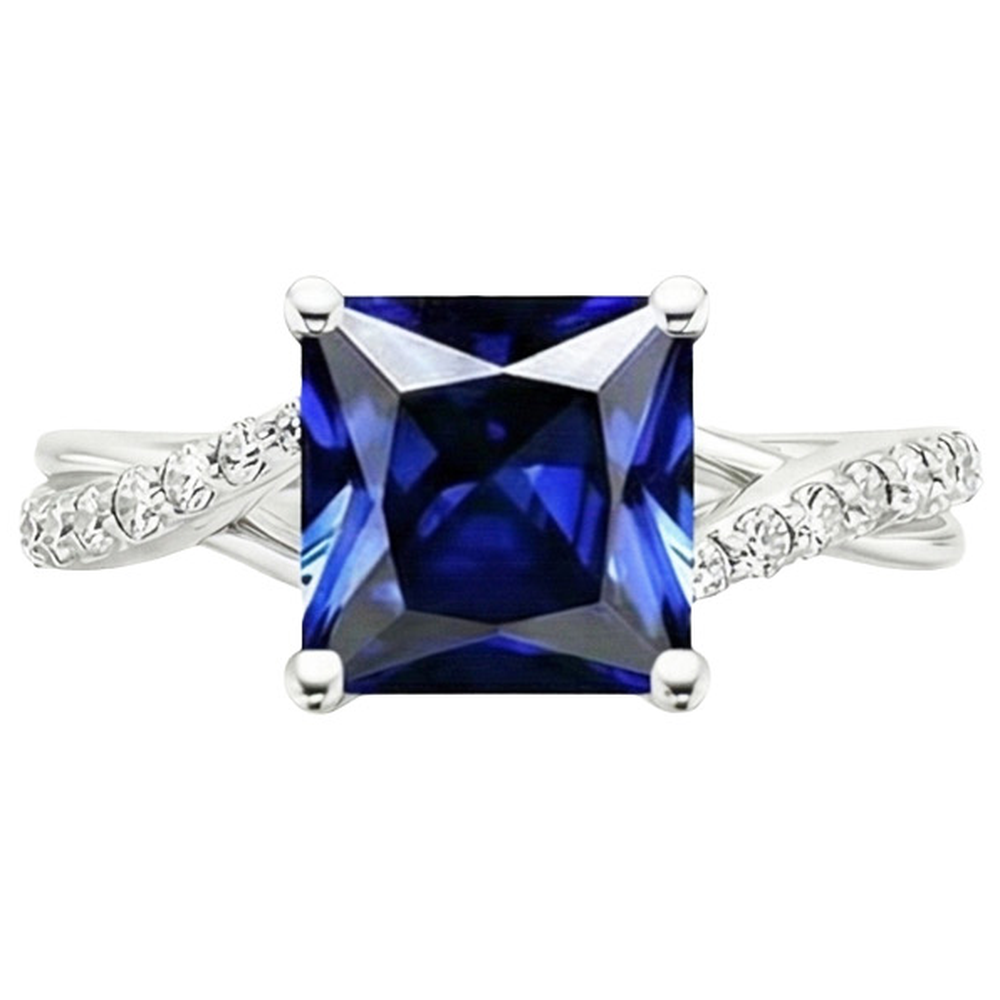Natural Earth Mined Diamond Gold Jewellery Princess Blue Sapphire Ring With Accents 6 Carats