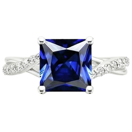 Natural Earth Mined Diamond Gold Jewellery Princess Blue Sapphire Ring With Accents 6 Carats