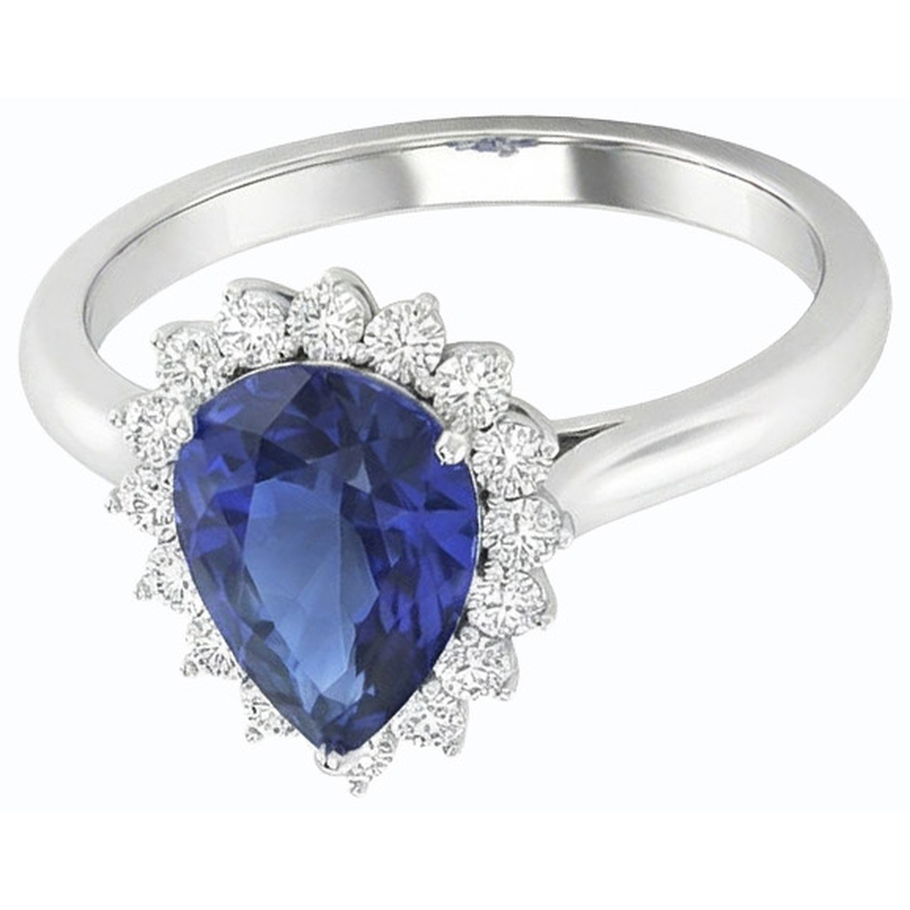 Natural Earth Mined Diamond Halo Anniversary Pear Shaped Blue Sapphire Ring 4.50 Carats