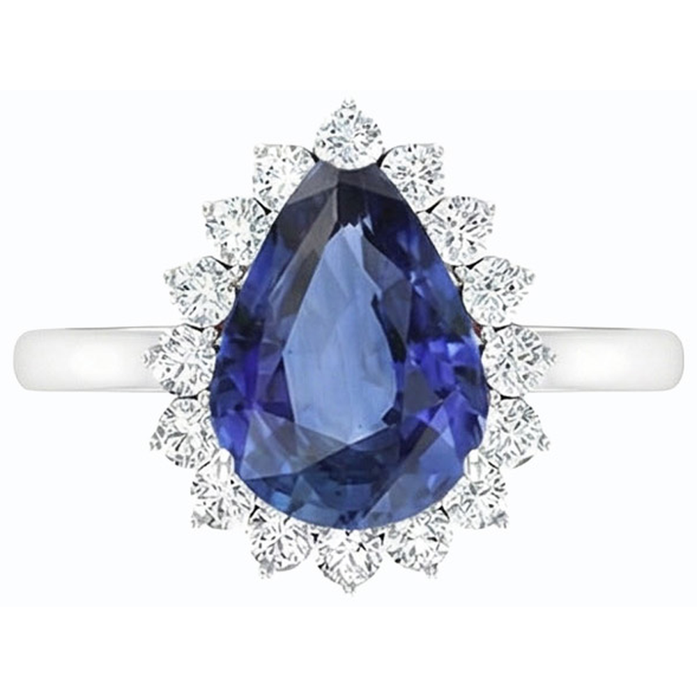 Natural Earth Mined Diamond Halo Anniversary Pear Shaped Blue Sapphire Ring 4.50 Carats