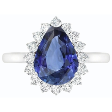 Natural Earth Mined Diamond Halo Anniversary Pear Shaped Blue Sapphire Ring 4.50 Carats