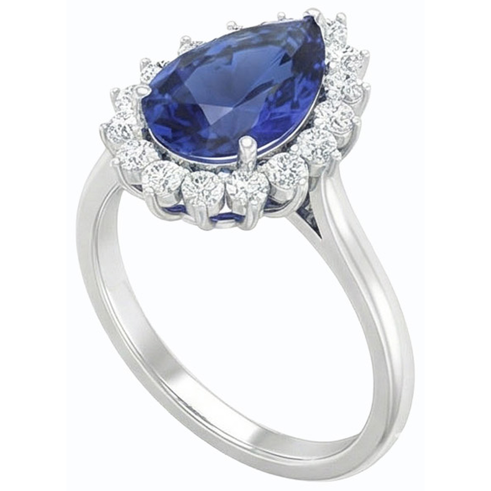 Natural Earth Mined Diamond Halo Anniversary Pear Shaped Blue Sapphire Ring 4.50 Carats