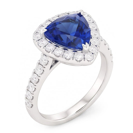Natural Earth Mined Diamond Halo Anniversary Ring Trillion Cut Sapphire 3 Carats