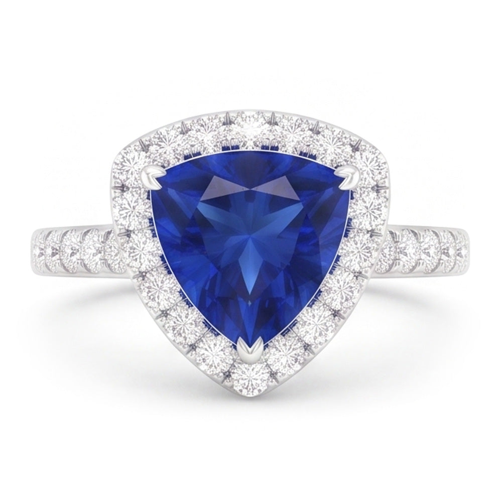 Natural Earth Mined Diamond Halo Anniversary Ring Trillion Cut Sapphire 3 Carats