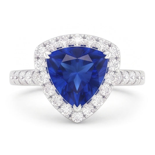 Natural Earth Mined Diamond Halo Anniversary Ring Trillion Cut Sapphire 3 Carats