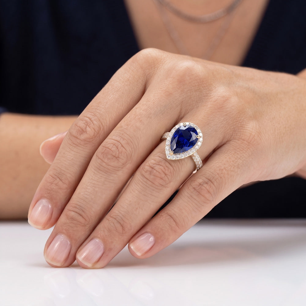 Natural Earth Mined Diamond Halo Blue Sapphire Wedding Ring Yellow Gold 5 Carats