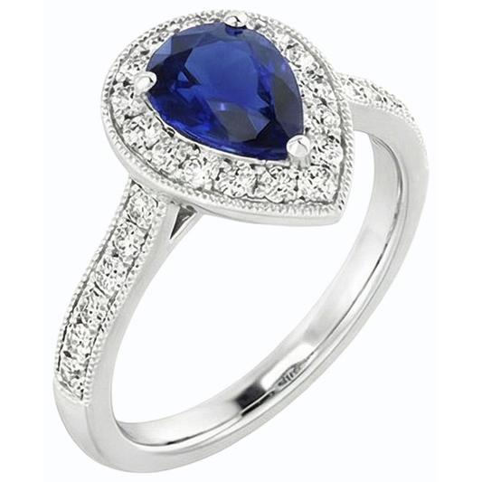 Natural Earth Mined Diamond Halo Engagement Ring Pear Srilanka Sapphire 4.50 Carats